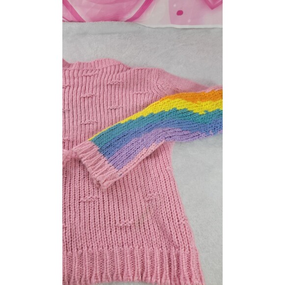 Chunky Knit Pink Sweater with Rainbow Striped Sleeves Cozy Warm Pullover Size S - Picture 7 of 7